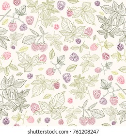 Vector illustration. Raspberry branches and berries. Seamless color pattern.