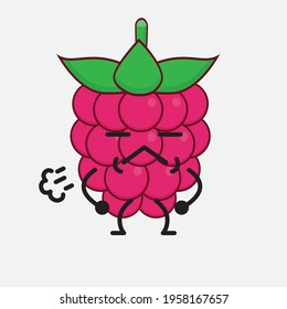 Vector Illustration of Raspberry Fruit Character with cute face, simple hands and leg line art on Isolated Background. Flat cartoon doodle style.