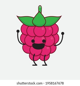 Vector Illustration of Raspberry Fruit Character with cute face, simple hands and leg line art on Isolated Background. Flat cartoon doodle style.