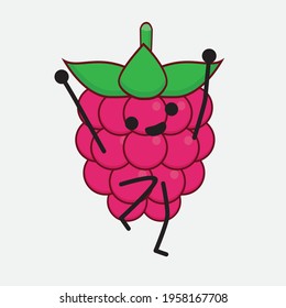 Vector Illustration of Raspberry Fruit Character with cute face, simple hands and leg line art on Isolated Background. Flat cartoon doodle style.