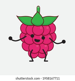 Vector Illustration of Raspberry Fruit Character with cute face, simple hands and leg line art on Isolated Background. Flat cartoon doodle style.