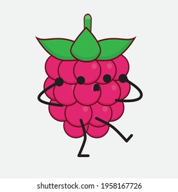 Vector Illustration of Raspberry Fruit Character with cute face, simple hands and leg line art on Isolated Background. Flat cartoon doodle style.