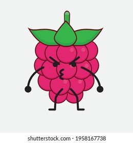Vector Illustration of Raspberry Fruit Character with cute face, simple hands and leg line art on Isolated Background. Flat cartoon doodle style.