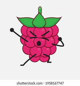 Vector Illustration of Raspberry Fruit Character with cute face, simple hands and leg line art on Isolated Background. Flat cartoon doodle style.