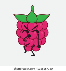 Vector Illustration of Raspberry Fruit Character with cute face, simple hands and leg line art on Isolated Background. Flat cartoon doodle style.
