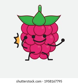 Vector Illustration of Raspberry Fruit Character with cute face, simple hands and leg line art on Isolated Background. Flat cartoon doodle style.