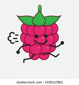 Vector Illustration of Raspberry Fruit Character with cute face, simple hands and leg line art on Isolated Background. Flat cartoon doodle style.
