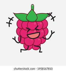 Vector Illustration of Raspberry Fruit Character with cute face, simple hands and leg line art on Isolated Background. Flat cartoon doodle style.
