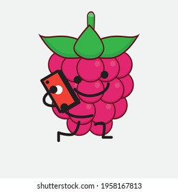 Vector Illustration of Raspberry Fruit Character with cute face, simple hands and leg line art on Isolated Background. Flat cartoon doodle style.