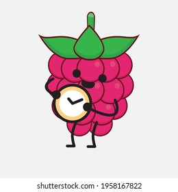 Vector Illustration of Raspberry Fruit Character with cute face, simple hands and leg line art on Isolated Background. Flat cartoon doodle style.