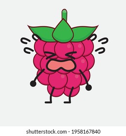 Vector Illustration of Raspberry Fruit Character with cute face, simple hands and leg line art on Isolated Background. Flat cartoon doodle style.