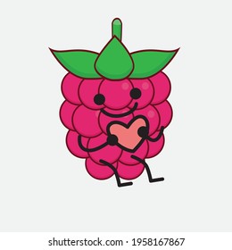 Vector Illustration of Raspberry Fruit Character with cute face, simple hands and leg line art on Isolated Background. Flat cartoon doodle style.