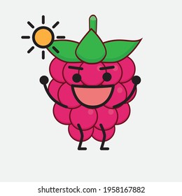 Vector Illustration of Raspberry Fruit Character with cute face, simple hands and leg line art on Isolated Background. Flat cartoon doodle style.
