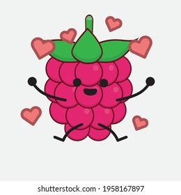 Vector Illustration of Raspberry Fruit Character with cute face, simple hands and leg line art on Isolated Background. Flat cartoon doodle style.