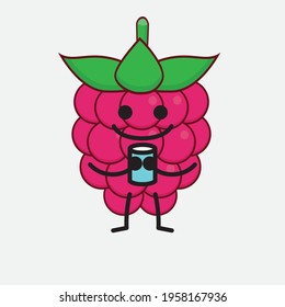 Vector Illustration of Raspberry Fruit Character with cute face, simple hands and leg line art on Isolated Background. Flat cartoon doodle style.