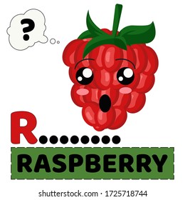 vector illustration of raspberry fruit with emoji characters. alphabet R for Raspberry. the concept of educating children to recognize the names  of fruit