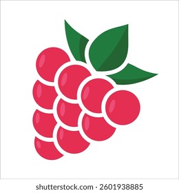 A vector illustration of a raspberry with plump, round drupelets forming a clustered structure. The fruit is deep red with a slight shine. The green leaves have a natural curve and sharp edges.