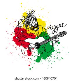 Vector illustration of rastaman playing acoustic guitar. Cute cartoon rastafarian guy with dreadlocks wearing red shirt, yellow pants, rasta hat. Isolated on a white background.