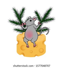 Vector illustration of rat, cheese and fir branches. A character for the new year 2020. Isolated on white background.