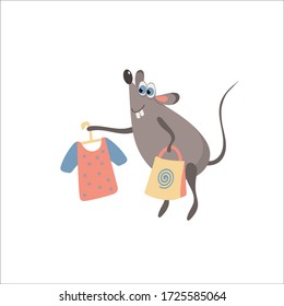Vector illustration of a rat doing shopping  isolated on white. Mouse has a shop bag and a blouse on a hanger. Great for t-shirts, posters, greeting cards.