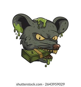 vector illustration of rat head biting money, corruption and isolated on white background