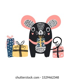 Vector illustration of a rat or mouse with gifts. New Year's illustration of a rat with gifts. Greeting card with mouse and gifts.
