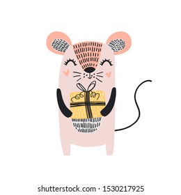 Vector illustration of a rat or mouse with gifts. New Year's illustration of a rat with gifts. Greeting card with mouse and gifts.