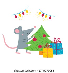 Vector illustration of rat preparing for christmas, colorful childish style. Can be used as a template for your card, placard, poster design, greeting, invitation, badge, sticker, banner, picture book