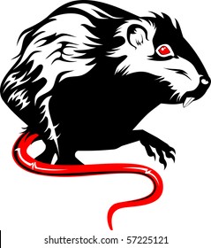 Vector illustration of a rat. Red, black and white.