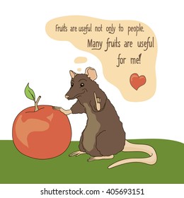 Vector illustration of a rat speaks about the benefits of fruits