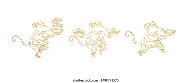 Vector illustration of Rat zodiac sign, symbol of 2020 on the Chinese calendar in lineart style. Mouse in traditional Chinese costume, gold ingots. White Metal Rat. Chinese element for New Year.