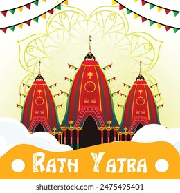 Vektorillustration des Rath Yatra Chariot Festivals des Hindu Gottes Lord Jagannath in Odisha Indien. Lord Jagannath, Balabhadra Subhadra. Hintergrund, Vorlage, Feiertage, Banner, Posterveranstaltungen.