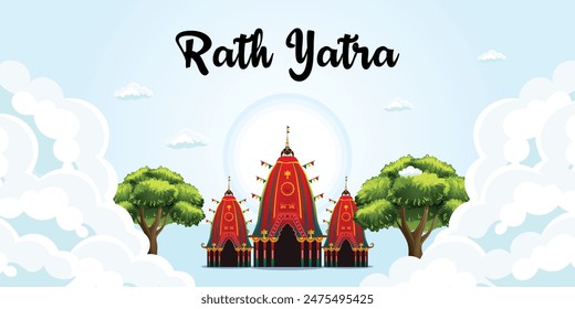 Vektorillustration des Rath Yatra Chariot Festivals des Hindu Gottes Lord Jagannath in Odisha Indien. Lord Jagannath, Balabhadra Subhadra. Hintergrund, Vorlage, Feiertage, Banner, Posterveranstaltungen.