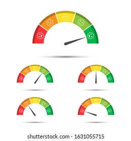 Vector illustration of rating customer satisfaction meter, different colors from red to green with smiles, simple tachometers, speedometers and indicators with emoticons isolated on white background