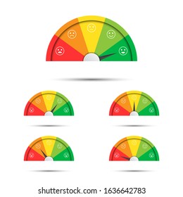 Vector illustration of rating customer satisfaction meter, different colors from red to green with colored smiles, simple tachometers, speedometers and indicators with emoticons