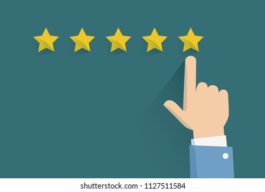Vector illustration of rating services by hand of client pressing stars. Customer experience concept.