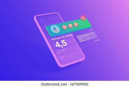 Vector illustration of rating stars app. Four golden stars. Gradient modern concept on dark background.