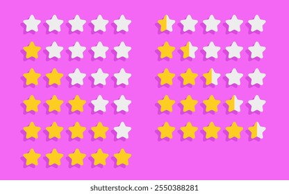 Ilustración vectorial de un sistema de clasificación con estrellas. Símbolo de éxito para App de negocios, que representa calificaciones y evaluaciones de usuarios. Las estrellas clasifican los iconos con sombra sobre fondo rosa.