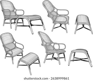 vector illustration of rattan wood chair furniture design for living room from traditional ethnic vintage wood