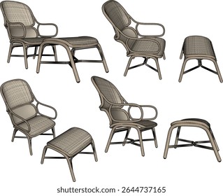 vector illustration of rattan wood chair furniture design for living room from traditional ethnic vintage wood
