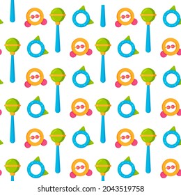 Vector illustration of rattles pattern. Print with baby rattles and toy.