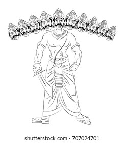 Vector Illustration of Ravana with 10 heads, Line drawing