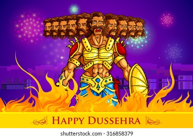 vector illustration of Ravana burning in fire on Dussehra