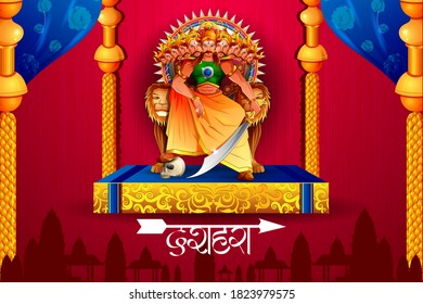 vector illustration of Ravana in Happy Navratri festival of India with Hindi word meaning Dussehra