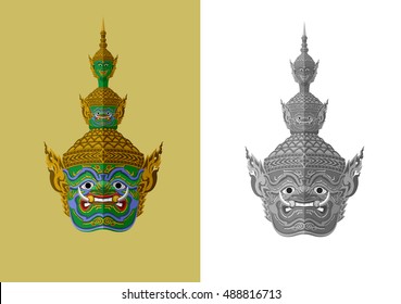 Vector Illustration : Ravana (Tos-Sa-Kan) mask Thailand style Guardian Giant color original and grayscale.