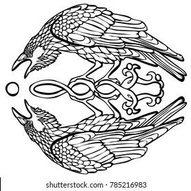 Vector illustration of raven catching sun reflection Celtic knot black and white 