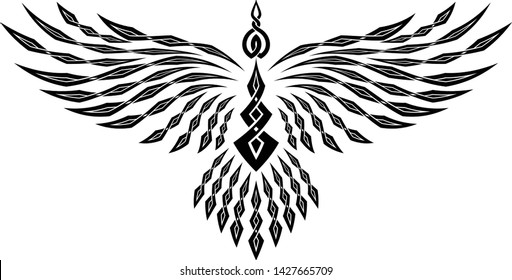 Vector illustration of a raven with open wings. Crow wisdom symbol. Traditional ancient Celtic sacred pattern. Sign of Vikings. Indian totem. Black tribal animals tattoo. Triskelion. Triskele. Valknut
