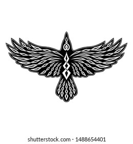 Vector illustration of a raven with open wings. Crow wisdom symbol. Traditional ancient Celtic sacred pattern. Sign of Vikings. Norse soul. Black tribal animals tattoo. Triskelion. Triskele. Valknut.