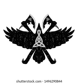 Vector illustration of a raven with open wings. Scandinavian myths.  Traditional ancient Celtic sacred pattern. Sign of Vikings. Poleaxe. Black tribal animals tattoo. Triskelion. Triskele. Valknut.