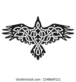 Vector illustration of a Raven with open wings. Black tribal animals tatto, wisdom symbol. Traditional ancient Viking sacred pattern. Sign of Celtics. Crow Norse soul.